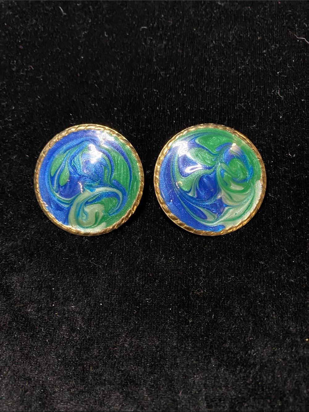Vintage 80’s Round Blue Teal Marble pattern post Earrings